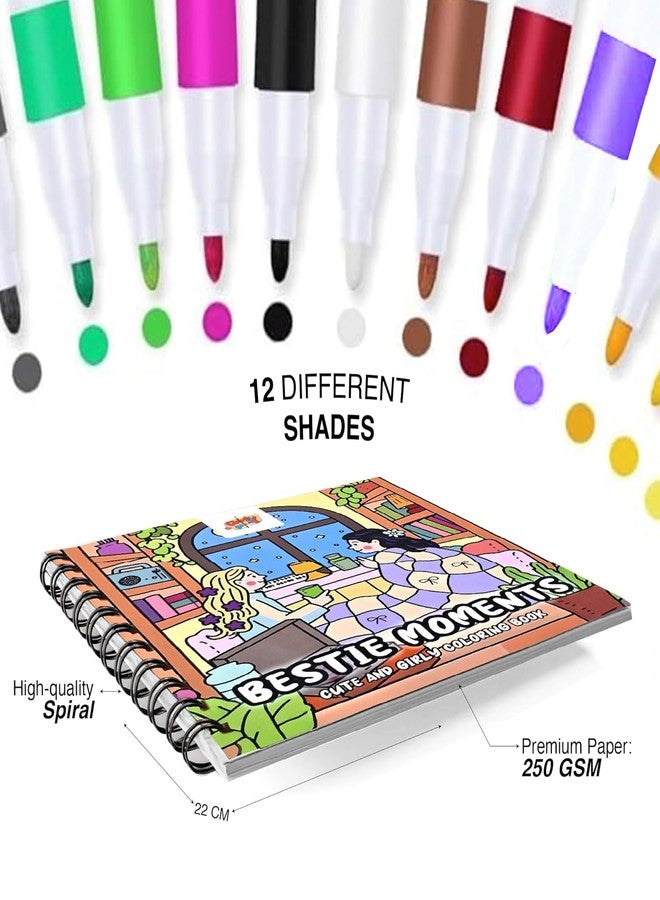 The Crafthives Bestie Moments Coloring Book Set | Adorable Friendship-Themed Pages with Cute & Girly Designs | Includes 12 Vibrant Acrylic Markers | Creative & Relaxing Art Activity Kit - Image 2